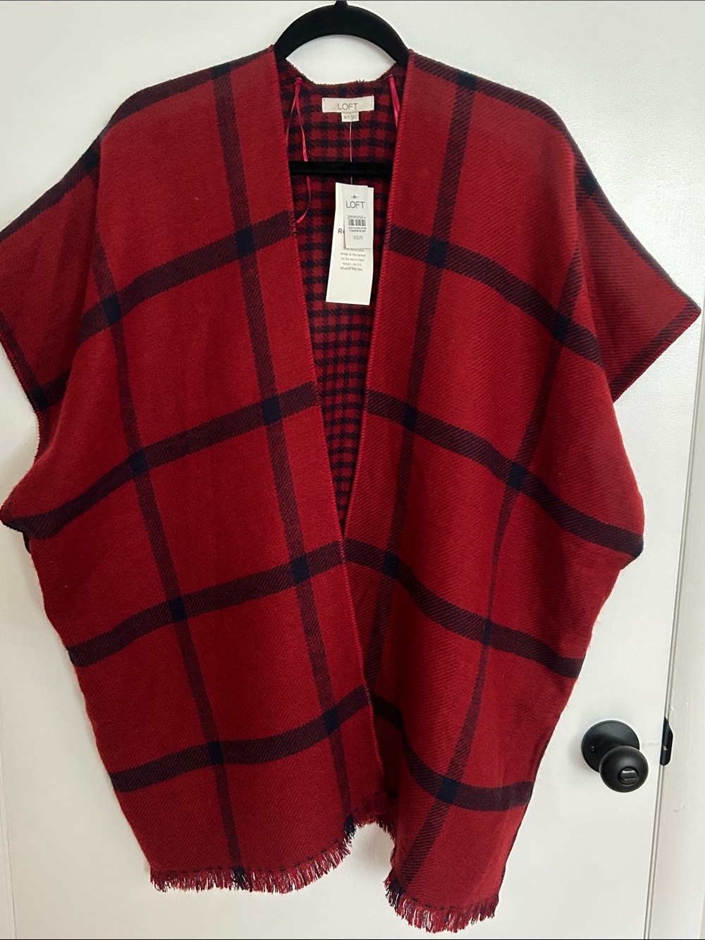 LOFT Red and Blue Plaid Open Front Poncho